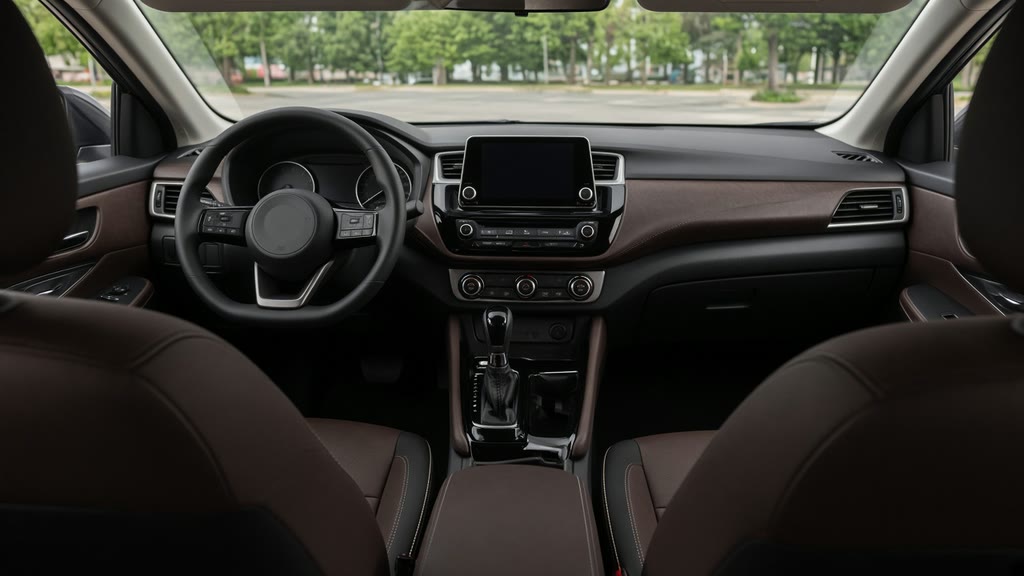 Салон Nissan Sylphy — авто для заказа из Китая Тёмно-коричневый салон Nissan Sylphy с видом на панель для заказа из Китая