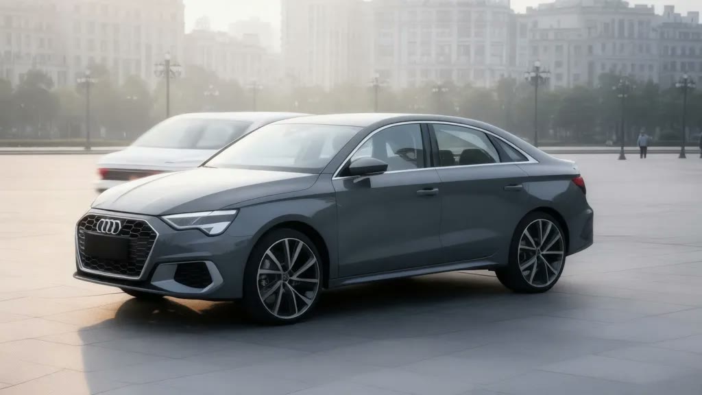 Audi A3L на городском бульваре — автомобиль под заказ Серый автомобиль Audi A3L на городском бульваре под заказ