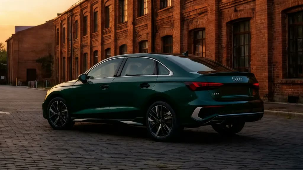 Тёмно-зелёный Audi A3L у кирпичного лофта для привоза из Китая