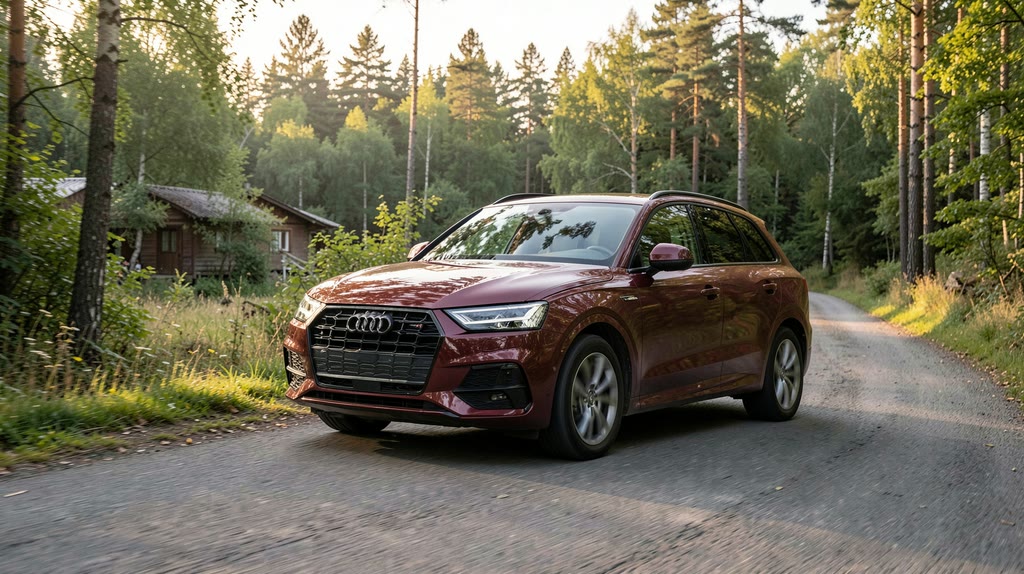 Audi Q3 Sportback на лесной дороге — заказ из Китая Бордовый Audi Q3 Sportback на лесной дороге — заказ автомобиля из Китая