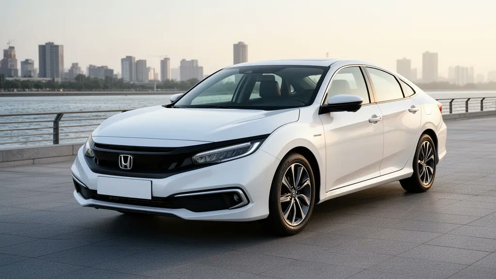 Белый автомобиль Honda Civic на городской набережной под заказ