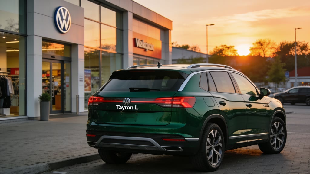 Volkswagen Tayron L сзади на парковке — авто из Китая под заказ Глубокий зелёный Volkswagen Tayron L сзади на парковке — авто из Китая под заказ