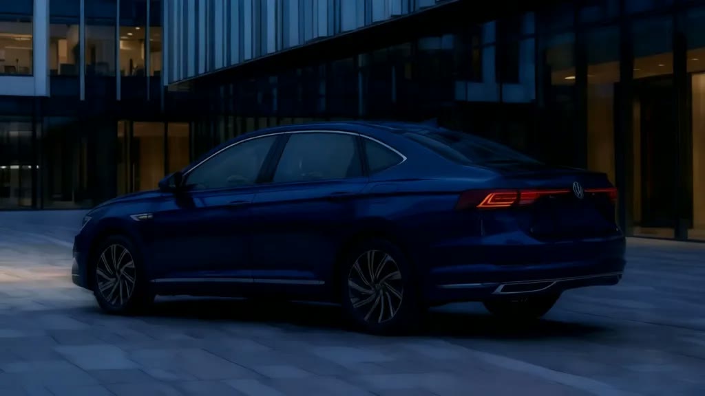 Тёмно-синий Volkswagen Passat у современного офиса для заказа из Китая