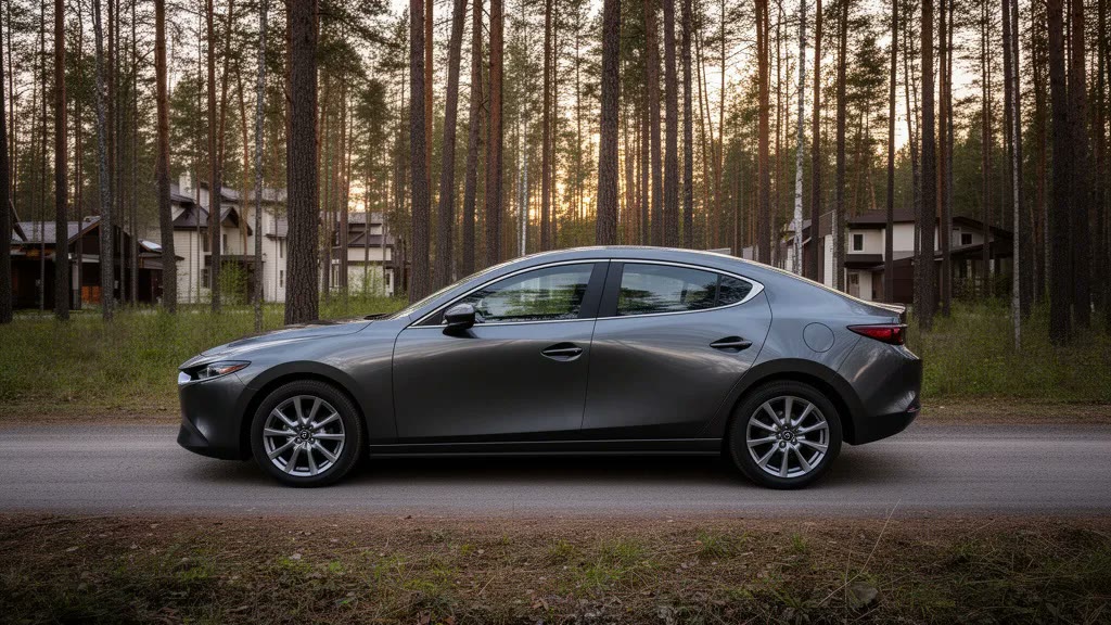 Mazda: Mazda 3 Axela на лесной дороге — авто из Китая под заказ Графитовый седан марки Mazda, модель Mazda 3 Axela, на лесной дороге — авто из Китая под заказ