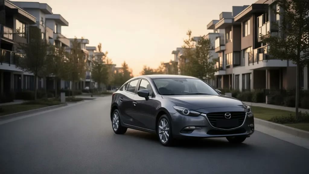 Графитовый седан марки Mazda, модель Mazda 3 Axela, в жилом квартале — заказ авто из Китая