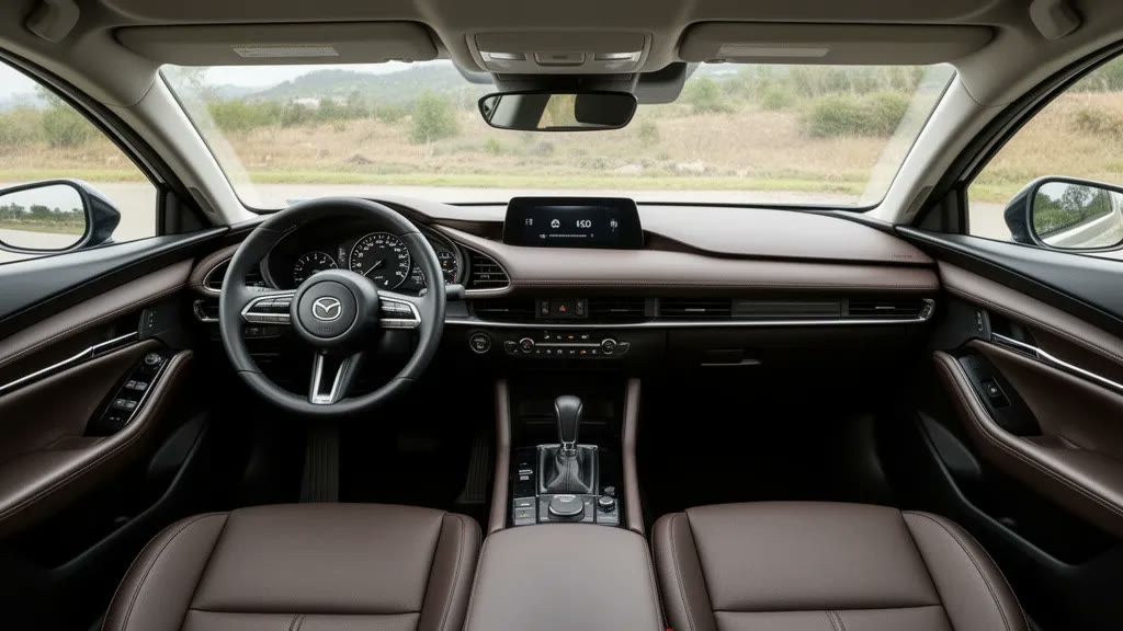 Салон Mazda: Mazda 3 Axela для заказа из Китая Тёмно-коричневый салон автомобиля Mazda, модель Mazda 3 Axela, с заднего ряда для заказа из Китая