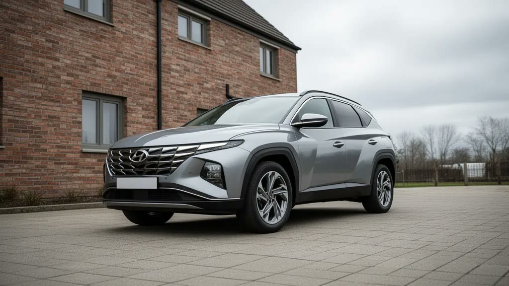 Серебристый Hyundai Tucson у кирпичного дома — авто из Китая под заказ