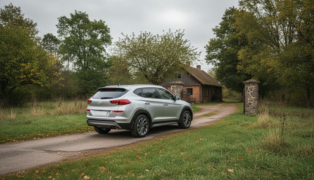 Серебристый Hyundai Tucson у загородного дома — заказ авто из Китая