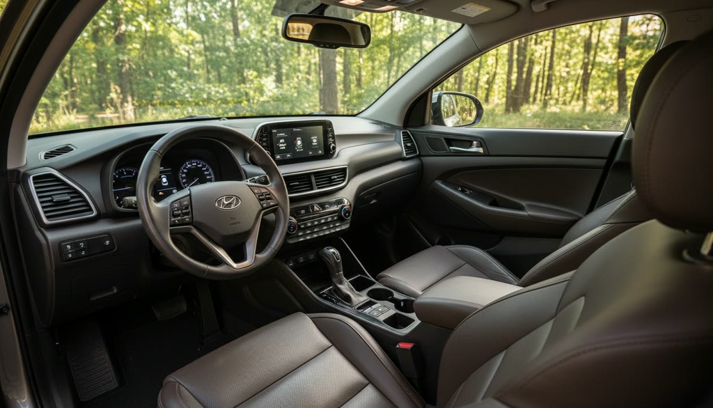 Салон Hyundai Tucson для заказа из Китая Тёмно-коричневый салон Hyundai Tucson с видом на место водителя для заказа из Китая